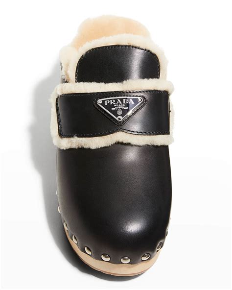 prada sherling clogs|Prada quilted leather mules.